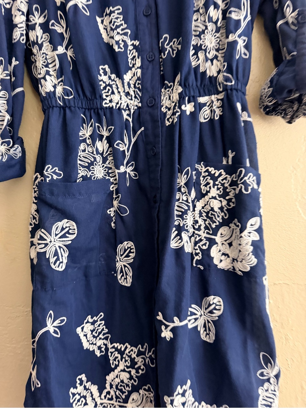 Navy Blue Floral Midi Dress with White Print - Picture 2 of 5